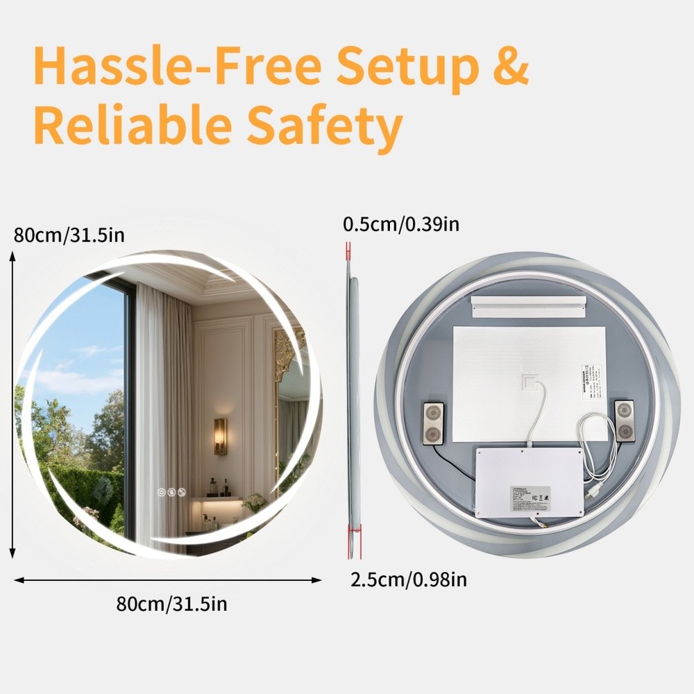 32" Smart LED Bathroom Mirror Wall-Mounted with Bluetooth Speaker Dimmable Round