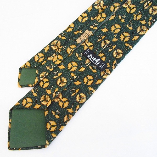 HERMES Tie Green Yellow Allover Pattern Silk