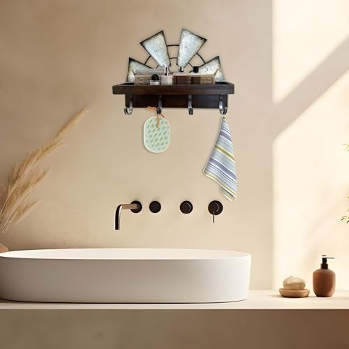 Rustic Windmill Key Holder Wall Mount - Decorative Mail Rack with Shelf & 4 Hook