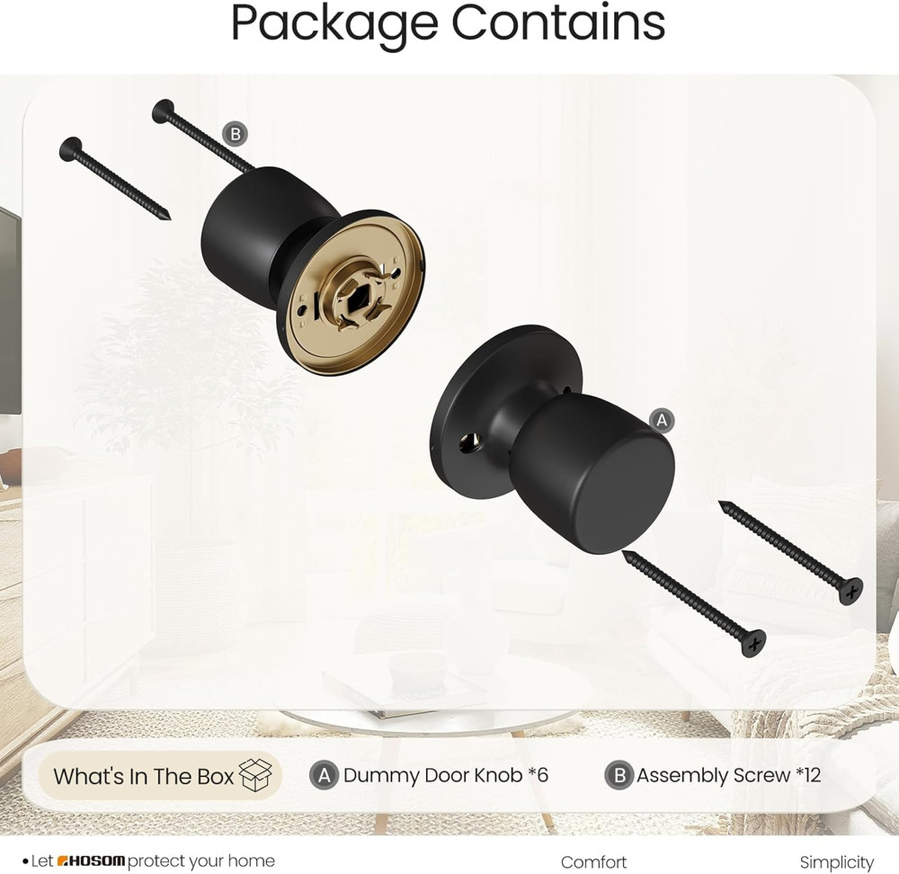 6 Pack Dummy Door Knobs，Matte Black Door Knobs Keyless Interior/Exterior Door Lo