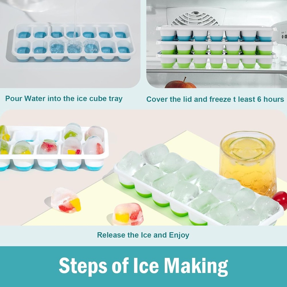 Flexible Silicone Ice Cube Trays with Lids 3 Pack Stackable Space Saving Ice