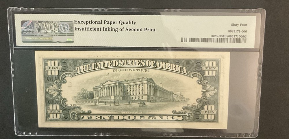FR#2023-B $10.00 Insufficient Inkling Error,AKA GHOST NOTE.PMG 64EPQ