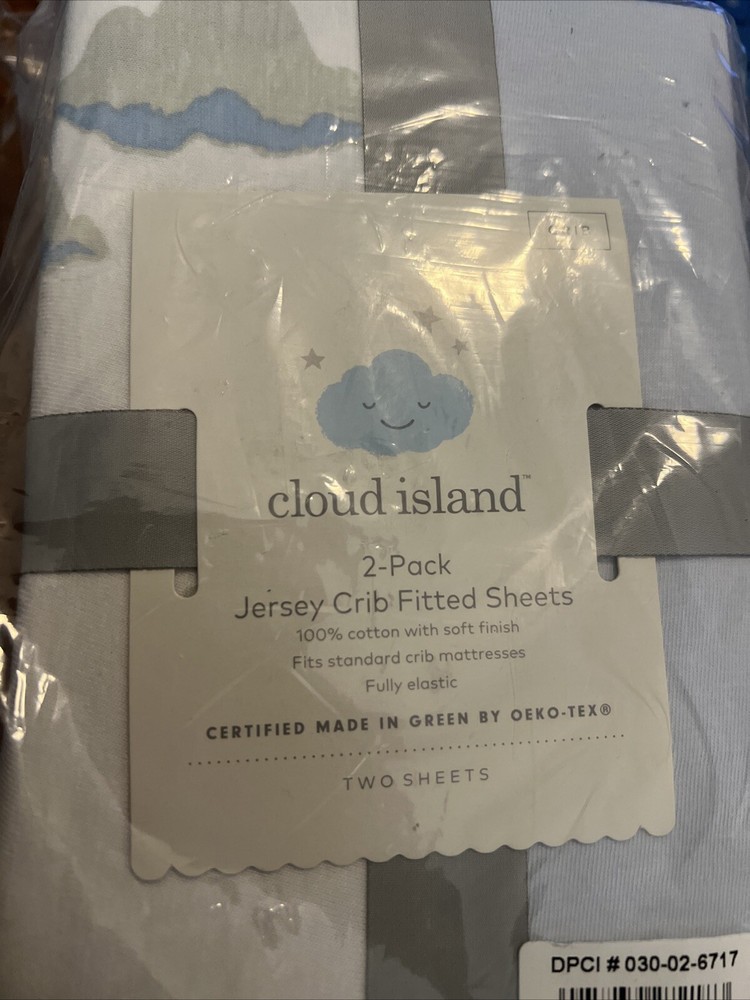 2 pk Cloud Island Jersey Fitted Crib Sheets White/Cloud Print &Solid Lt Blue