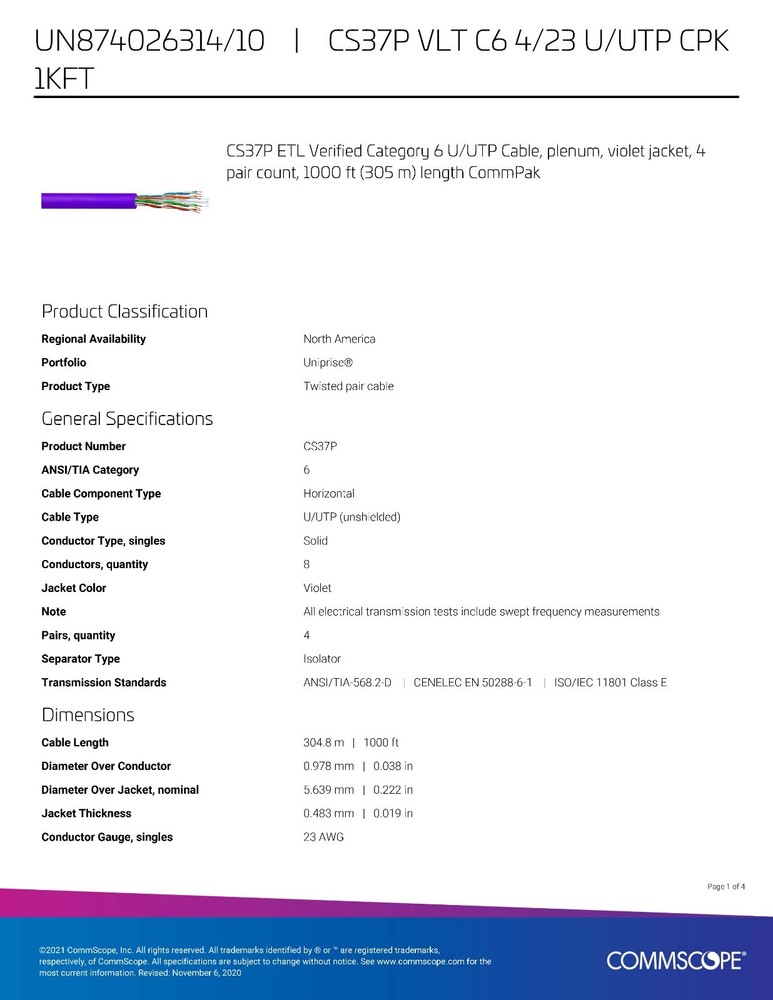 Commscope CS37P 23/4P Cat6 U/UTP WebTrak Plenum Network Cable CMP Violet /100ft