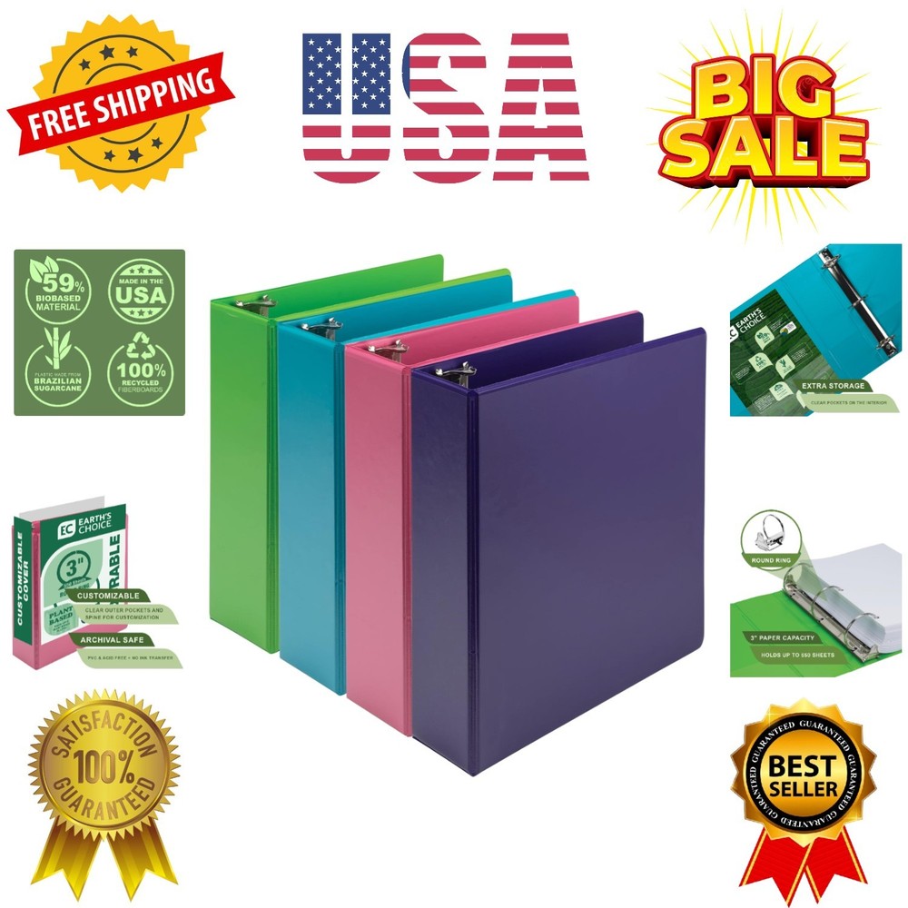 Plant-Based 3 Inch Durable Round Ring, View Binder, Eco-Friendly, USDA Certif...