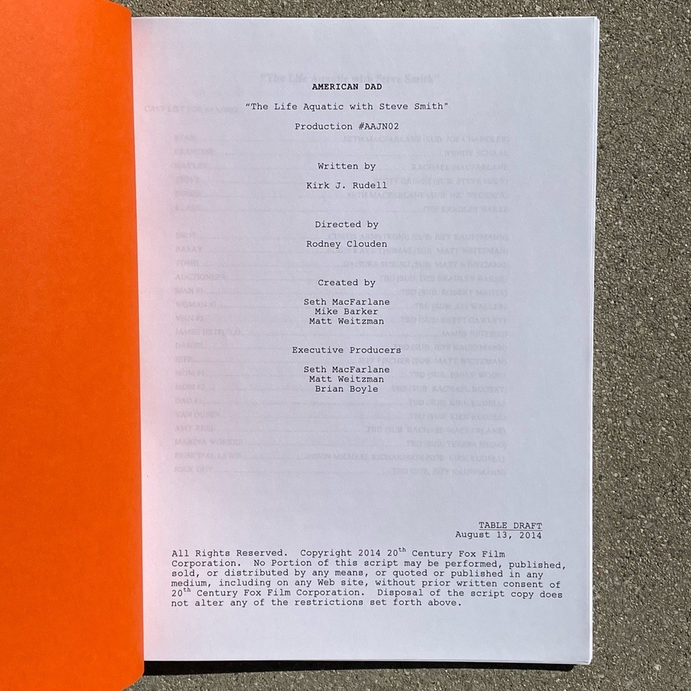 American Dad 2014 Production Used Table Draft Script James Hetfield Episode!