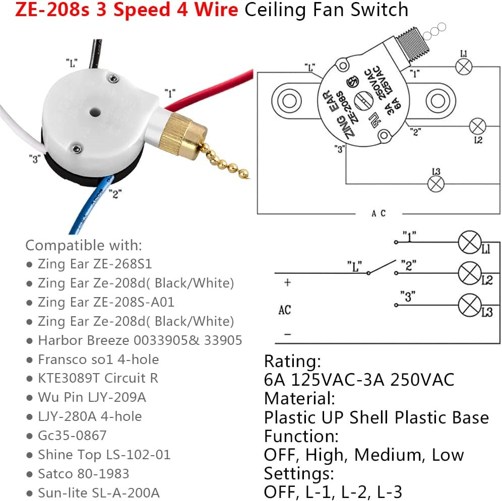With 4 Pre-Installed Wires Ceiling Fan Switch, 3 Speed Fan Switch Compatible wit