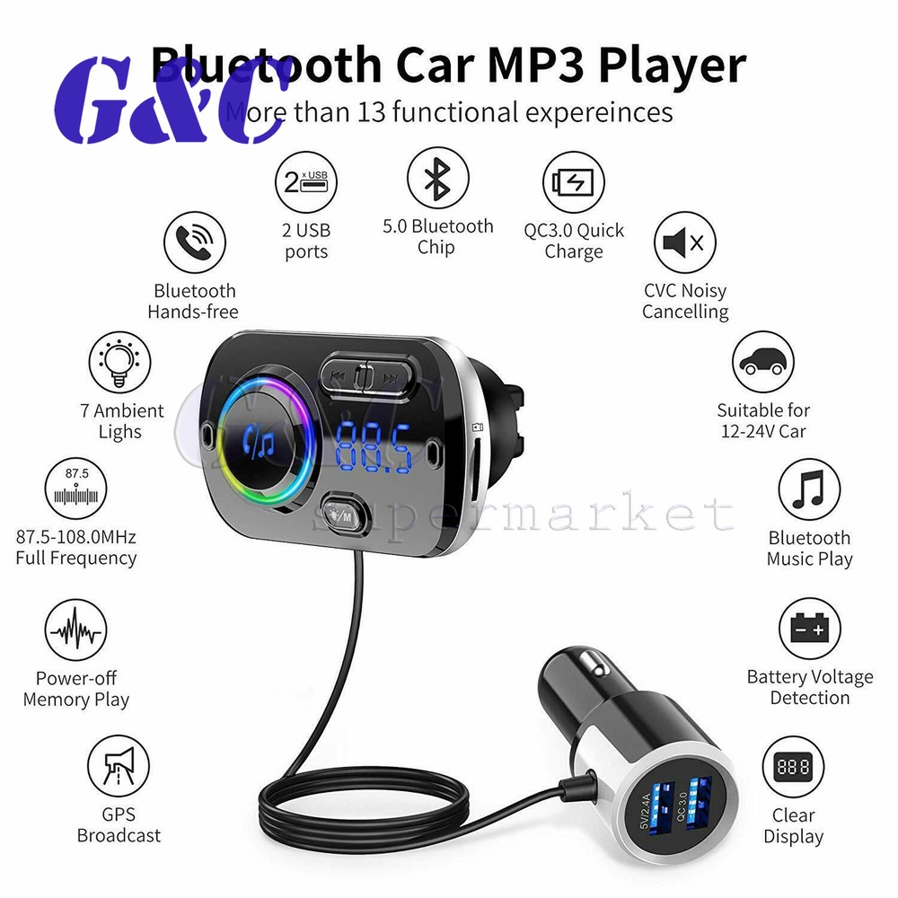 Bluetooth 5.0 Handsfree Car Kit FM Transmitter MP3 Player & USB Fast Charger AUX