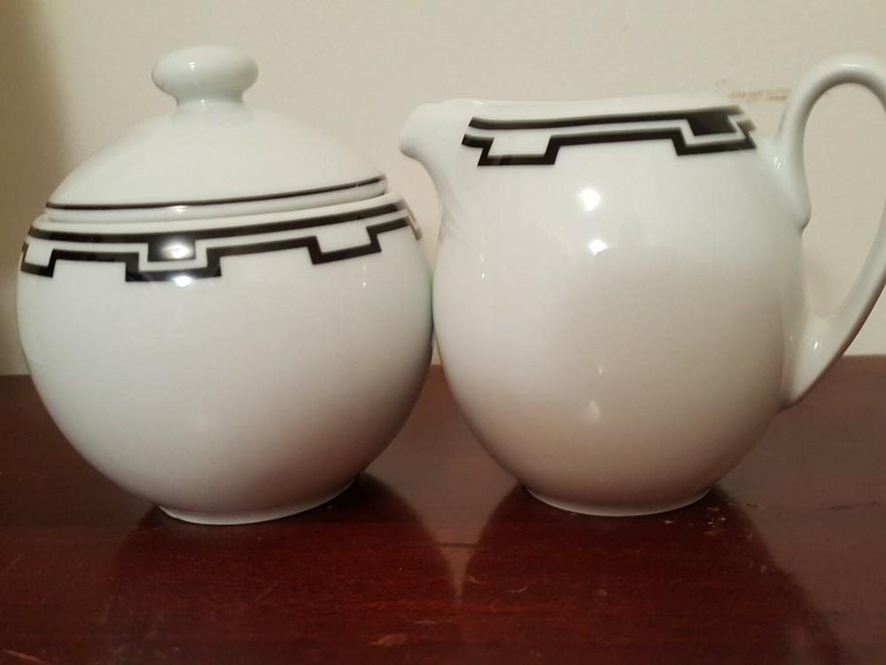 SOMPEX "IONIA" Creamer-Sugar SET Black-White Geometric Pattern Greece