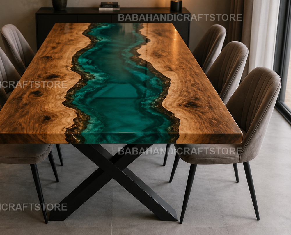 Live Edge Teal Resin Table Custom Epoxy River Dining Table Top Solid Wood Table