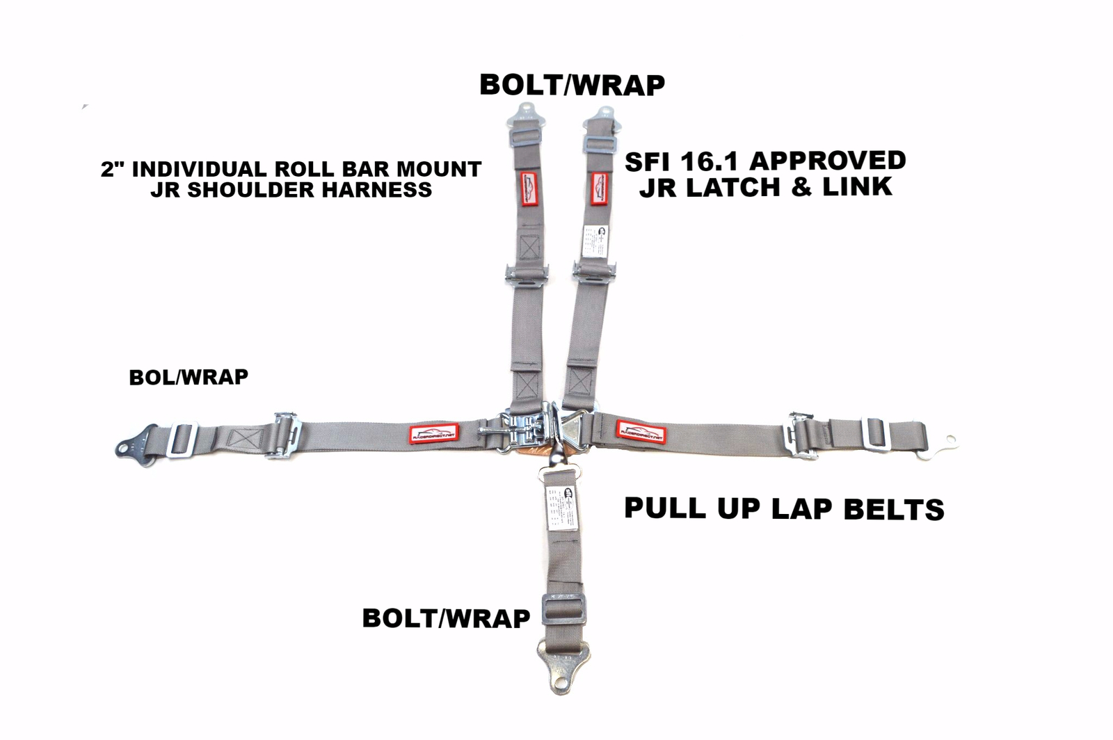 YOUTH RACING HARNESS SFI 16.1 5 POINT LATCH & LINK  ROLL BAR MOUNT BELT GRAY