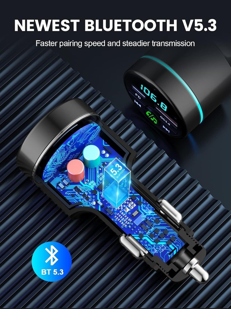 Compact Bluetooth 5.3 Car FM Transmitter with Dual Fast Charging & Blue Light