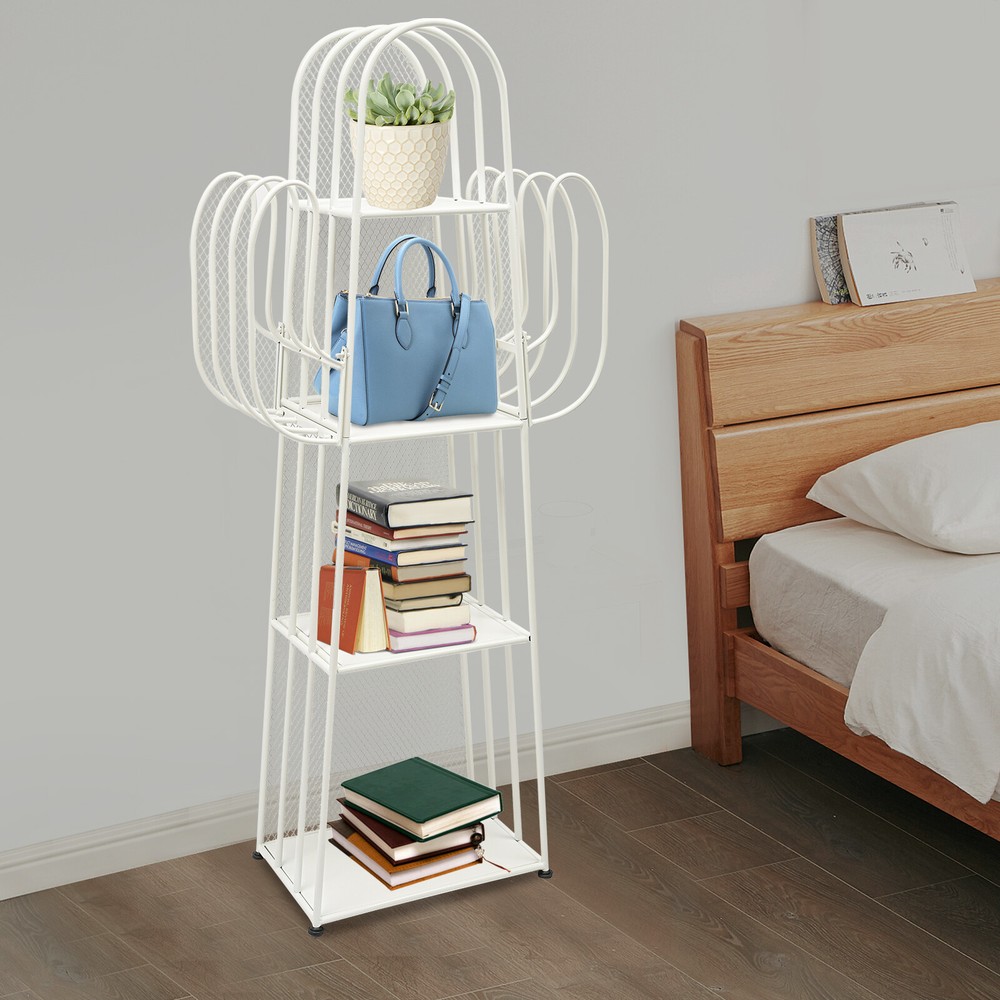 4-Tier Iron Book Shelf Cactus Bookcase W/ Mesh Baffle+6 Compartments For Study.