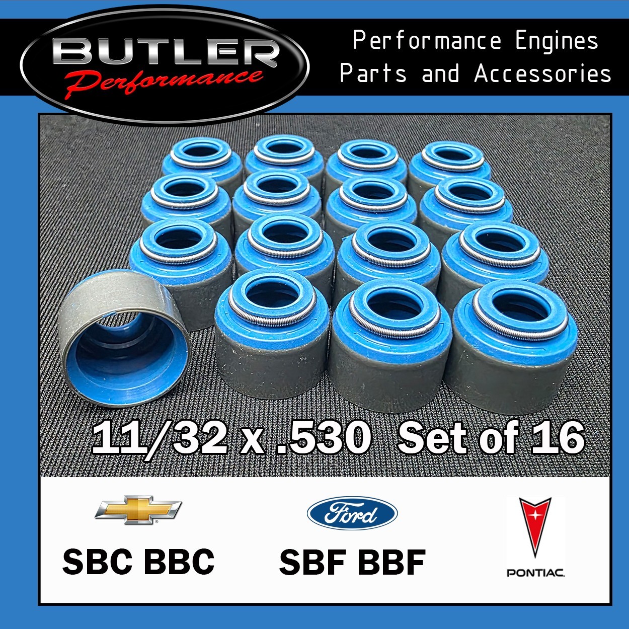 .530"x 11/32" Viton Valve Stem Seals-Metal Clad, .670" OD, SBC, BBC, SBF, SET/16