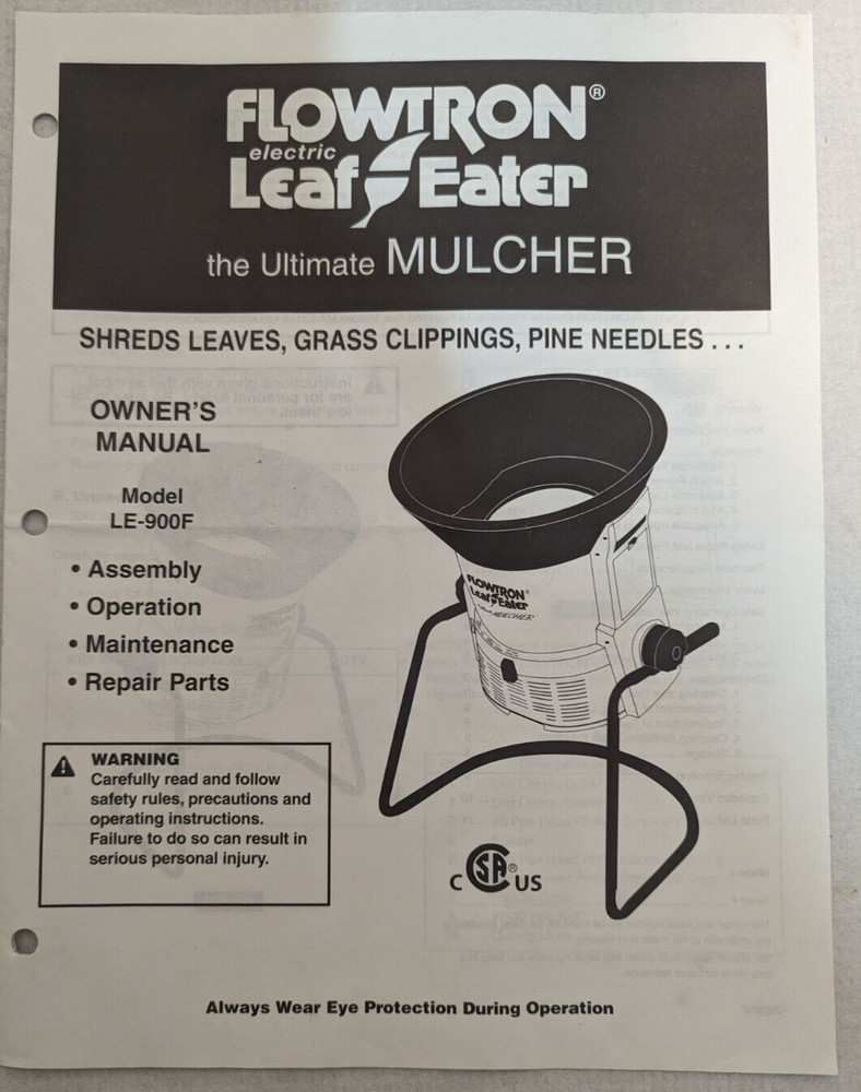 Flowtron  LE-900f Leaf Eater Mulcher Owners Operators Manual Only Complete