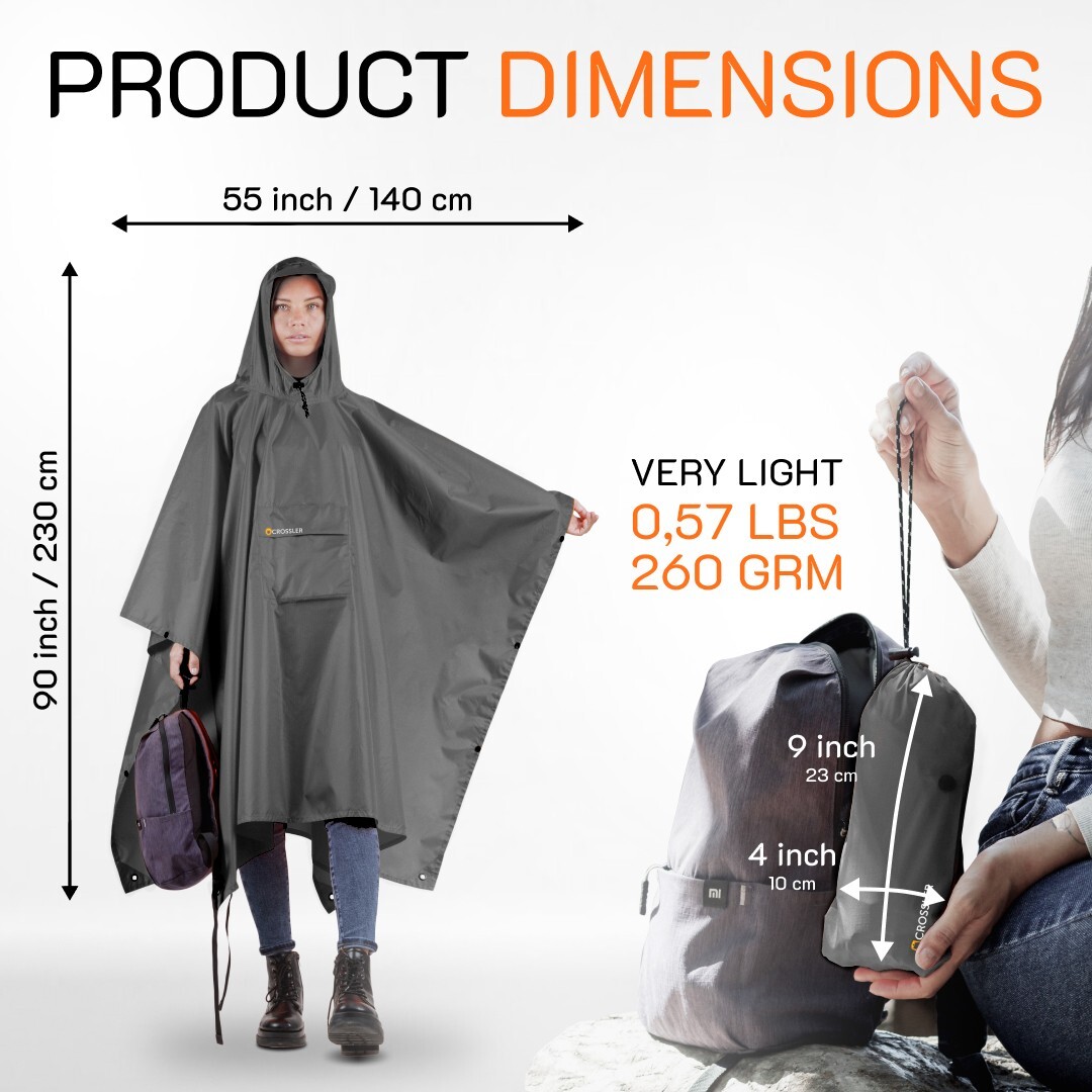 CROSSLER Hooded Rain Poncho with Pocket, for Men Women Adult, 3-in-1 Waterproof