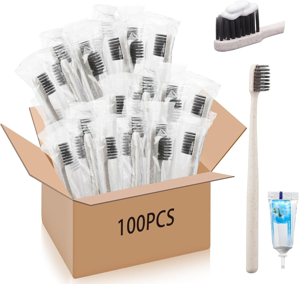 Uiifan 100 Sets Disposable Toothbrushes with Toothpaste Bulk Individually Wra.