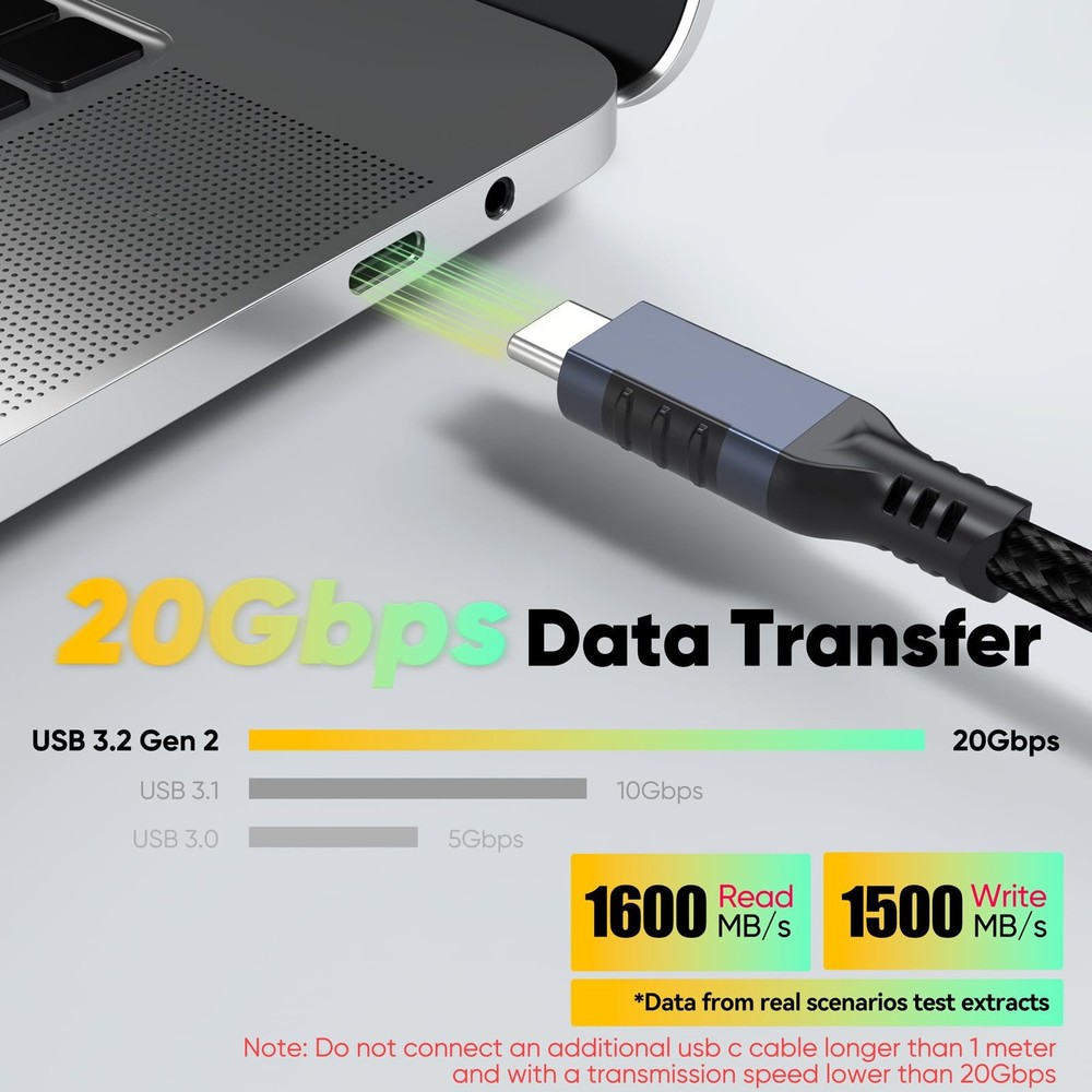 USB C Extension Cable 3ft, USBC Extender 20Gbps Data 3 Feet, Grey
