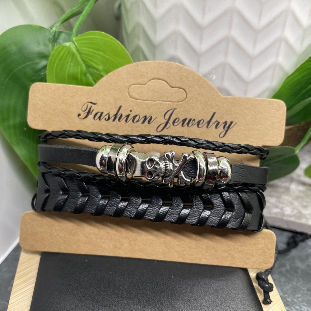2 PC Leather Bracelet Set Stackable Adjustable Tie New Free Ship B7512