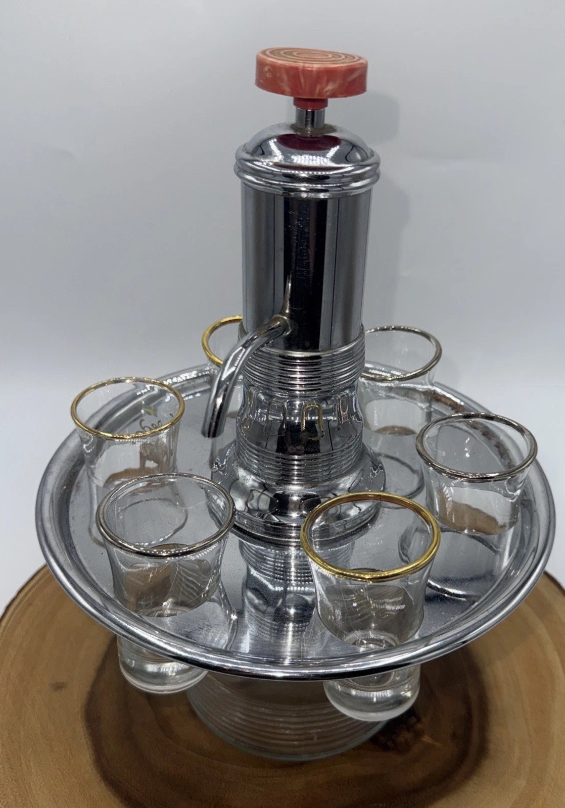 Vintage Liquor Dispenser Pump & Glass Decanter W/6 Shot Glasses W/Chrome Tray