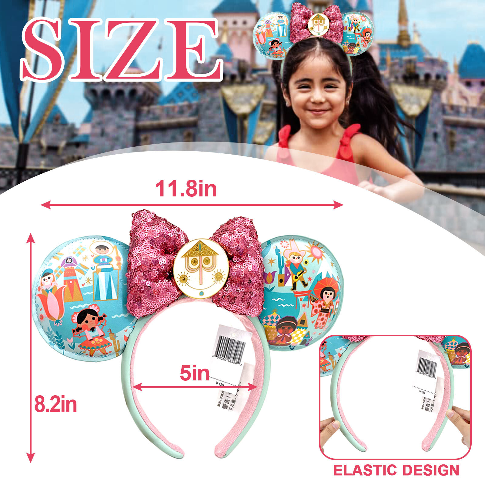 2024 Disney-Parks It’s A Small World Sequined Minnie Mouse Ears Headband New