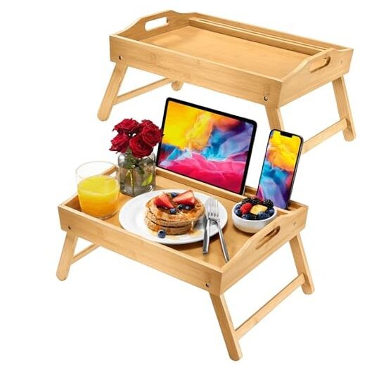 Bed Table Tray with Folding Legs, (2 Pack) Laptop Holder and Handles -