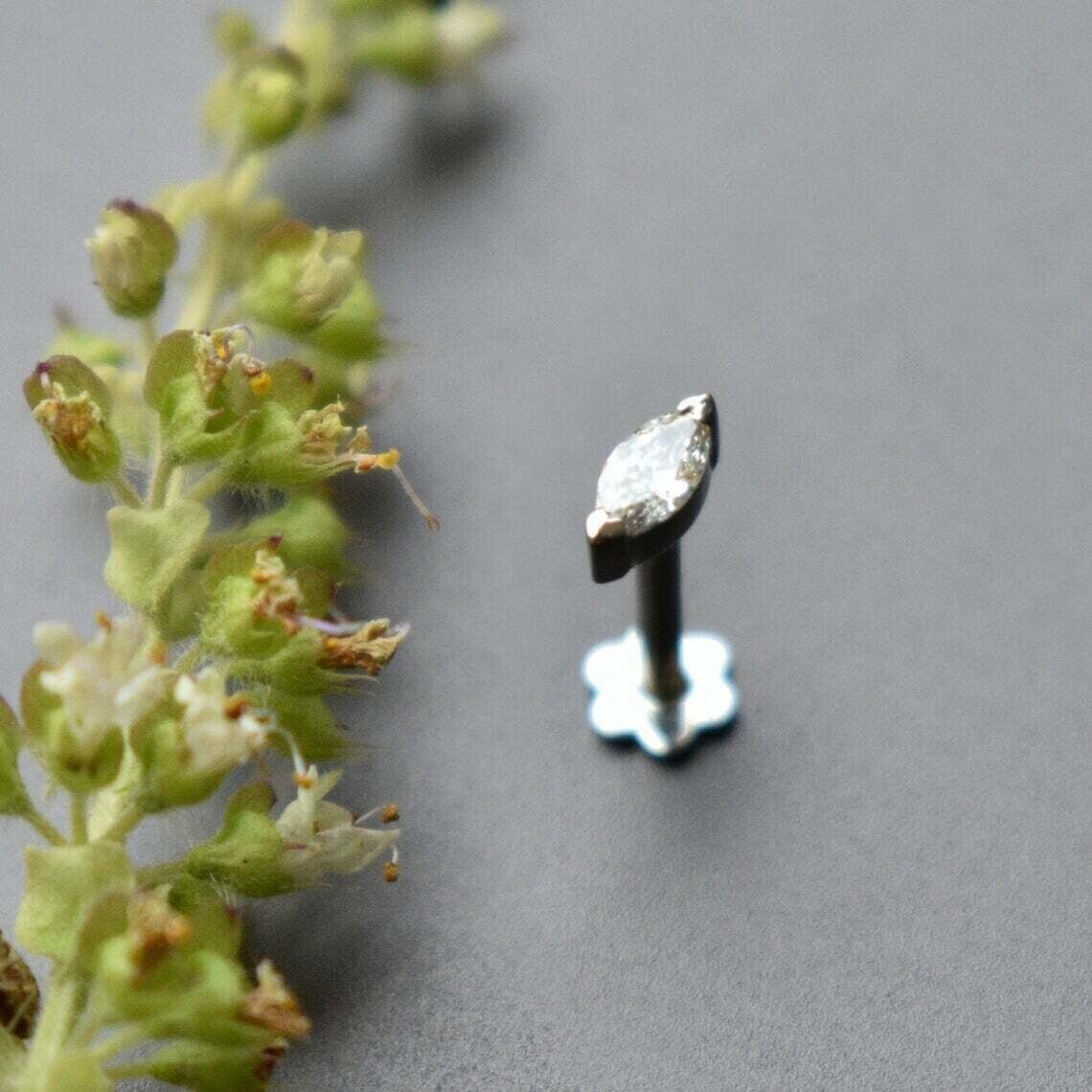 2.5MM GH SI Marquise Natural Diamond Piercing Screw Back Nose Pin 14K White Gold