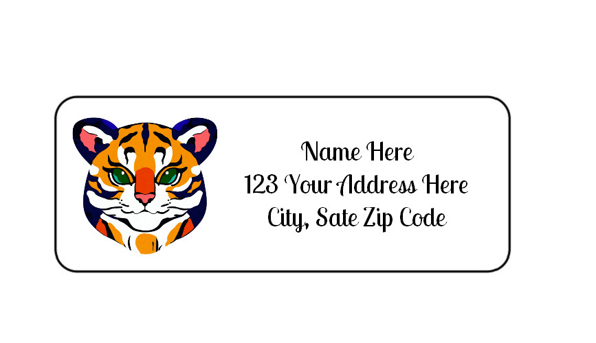 30 Front Facing Tiger PERSONALIZED RETURN ADDRESS LABELS 1 in X 2 5/8 GLOSSY