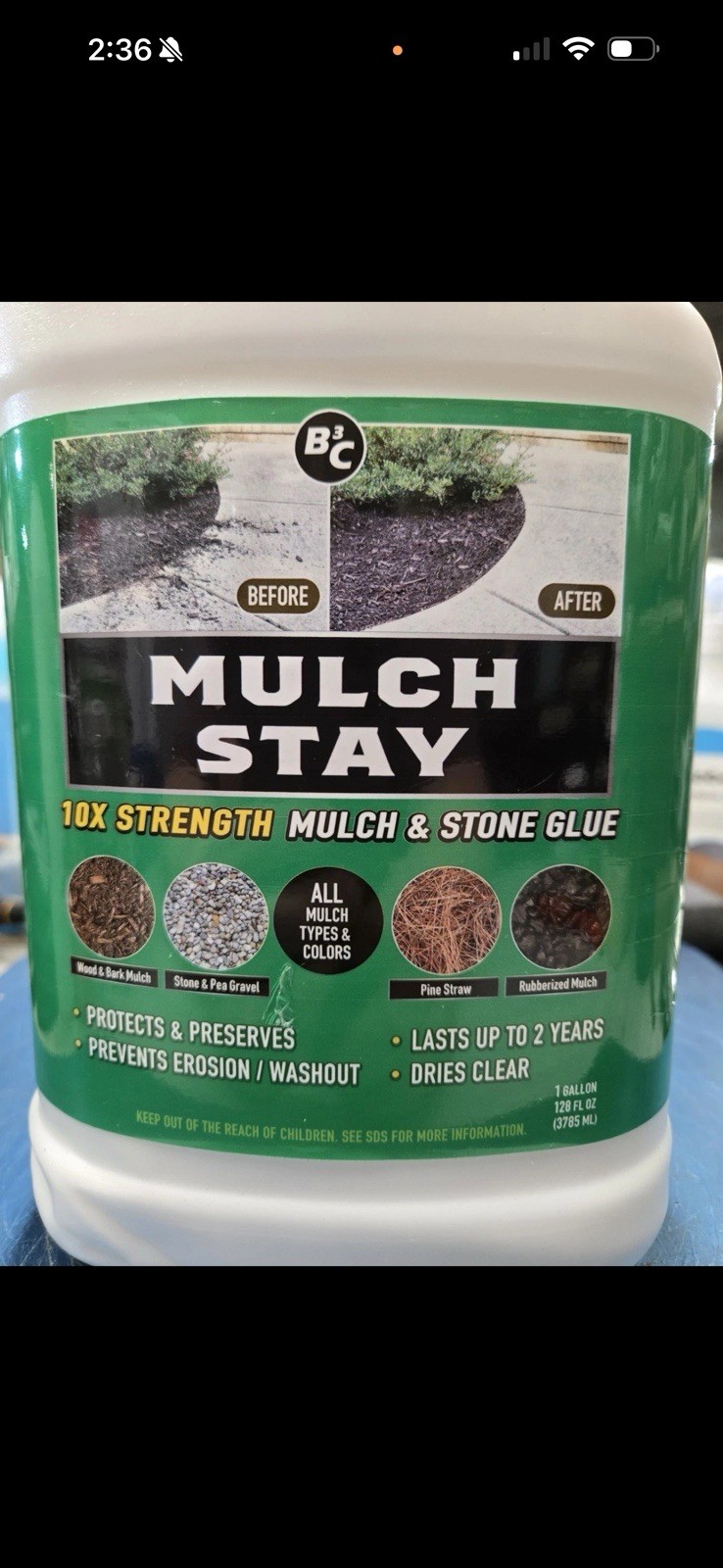 B3C Mulch Stay 10X Strength Mulch & Stone Glue- Dries Clear- 1 Gallon