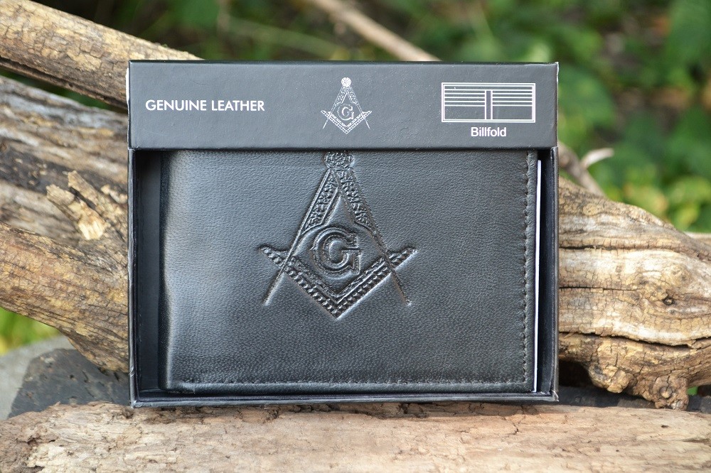 Masonic Black Leather Bi-Fold Wallet - RFID Protected - Square and Compasses