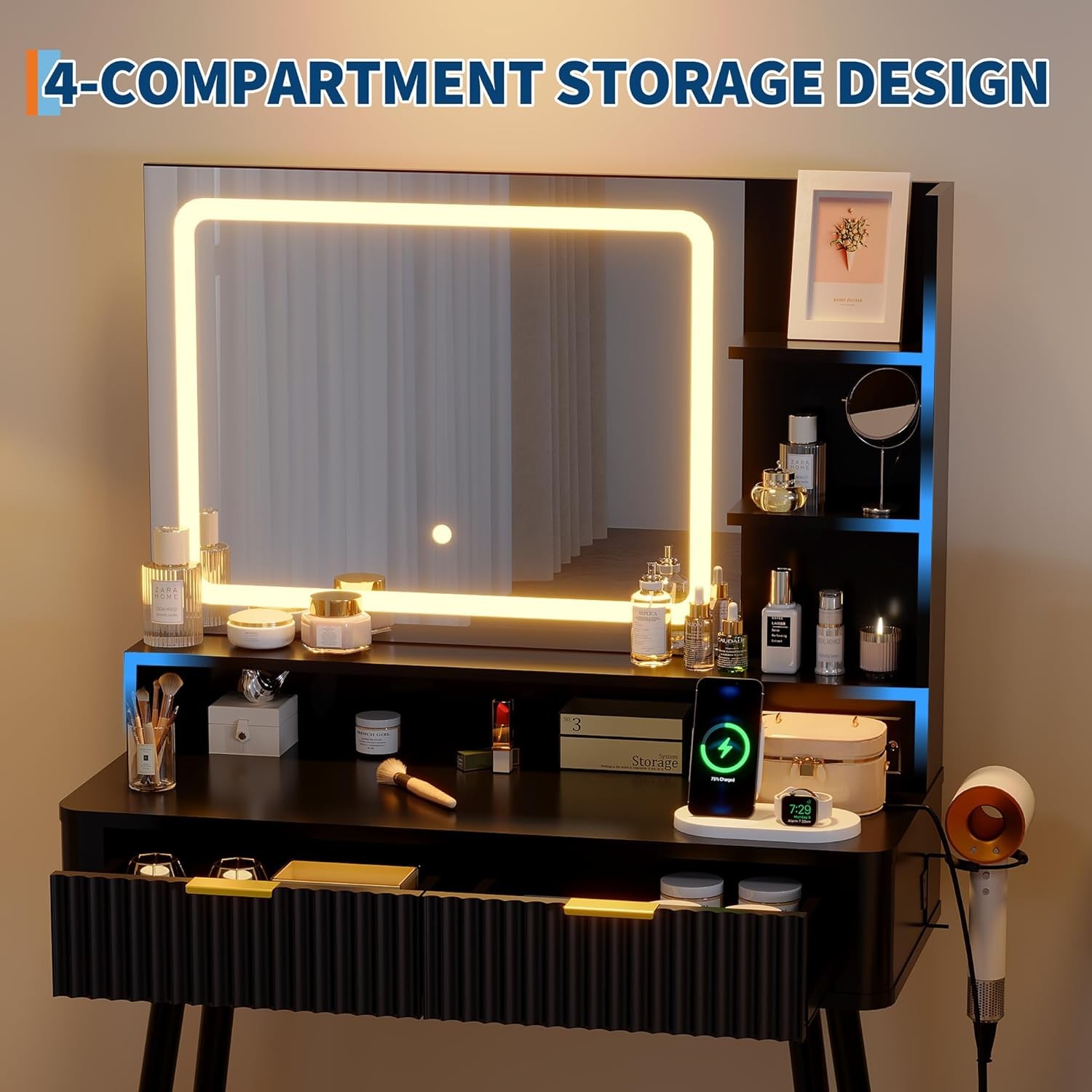 31 in Makeup Vanity Desk Table with Mirror and Lights, Power Outlet & Storage