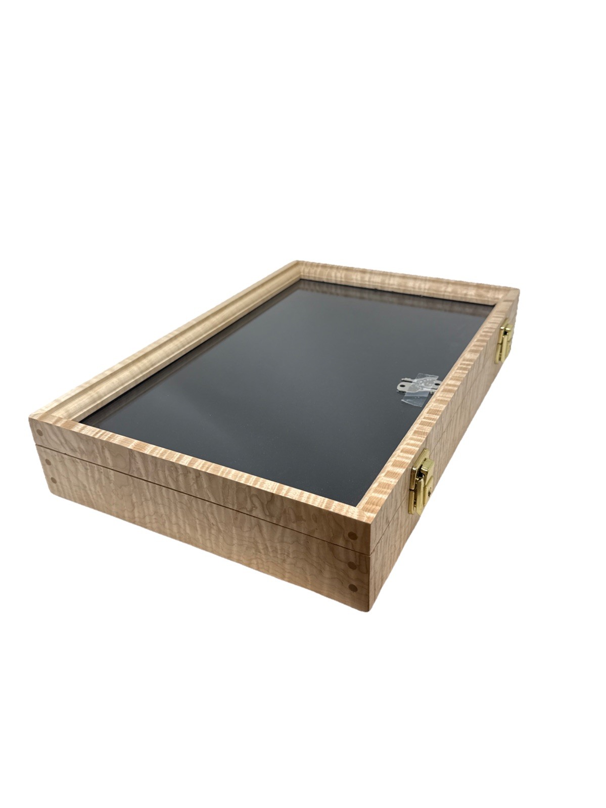 Curly Maple Wood Display Case 12 x 18 x 3” Black Liner for Arrowheads or Knives