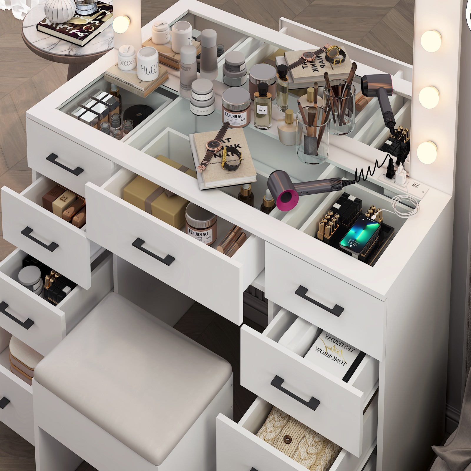 45.3 x 15.7 x 29.5-55.1 Inches Vanity Desk with Large Lighted Mirror & Lights