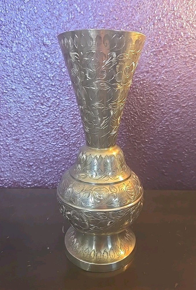 Antique Kasmiri Style Etched Solid Brass Fluted Vase India Makers Msrk On Bottom