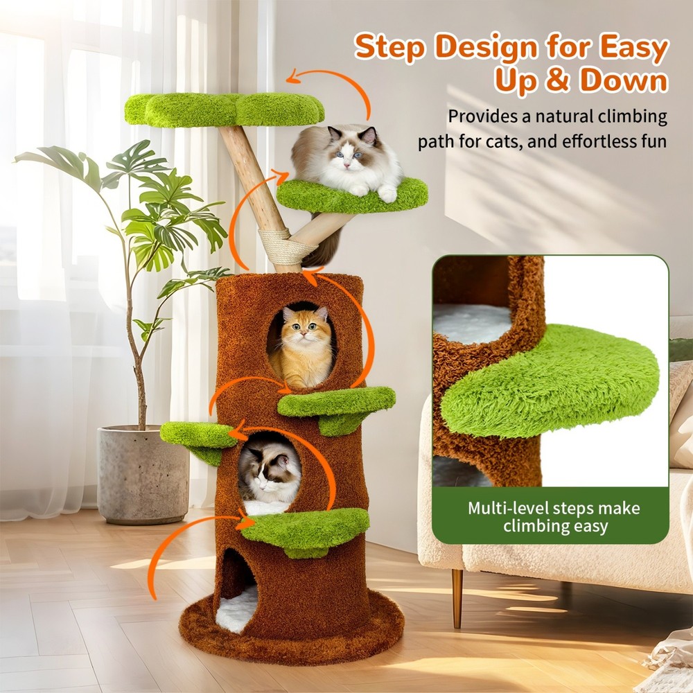 Cat Tree Tower for Large Cats Solid Wood Scratching Post with Basket Condo Perch