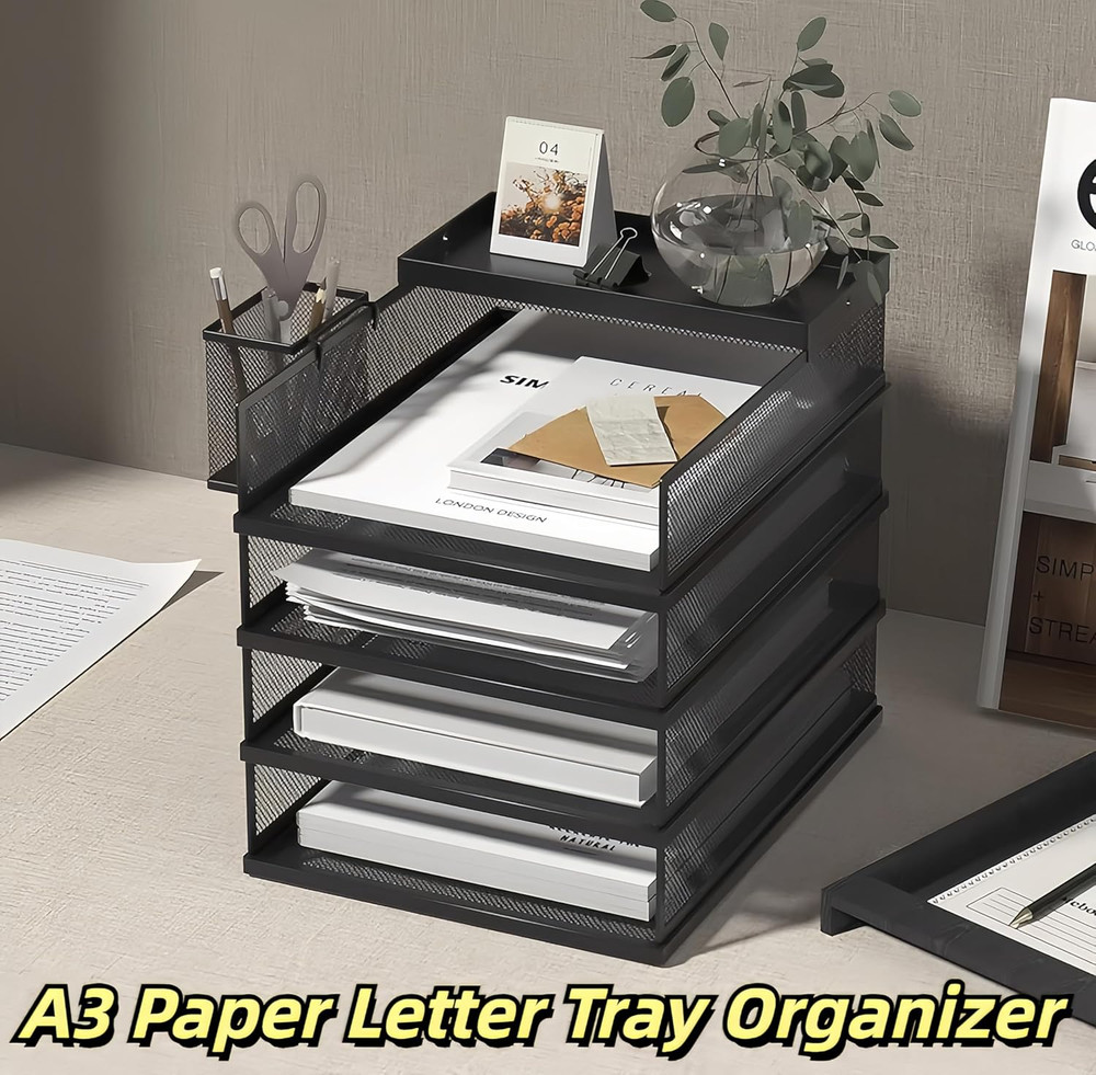 A3 Mesh Desk File Organizer, Stackable Paper Tray，Desktop Document Sorter, File