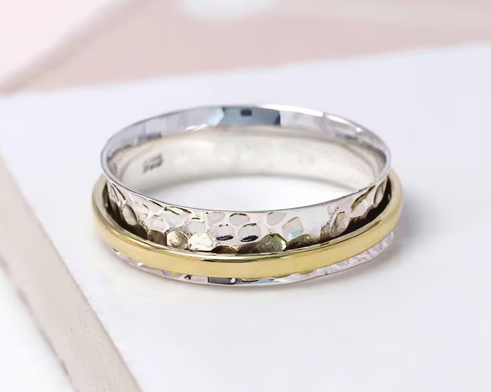 Solid 925 Sterling Silver Spinner Minimalist Infinity Hammered Thin Band Ring