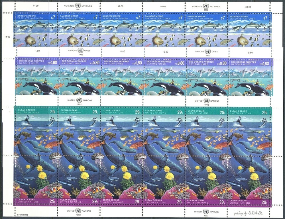 UN - 1992 Clean Oceans, Three Sheets (NY+GEN+VIE) . Mint Never Hinged