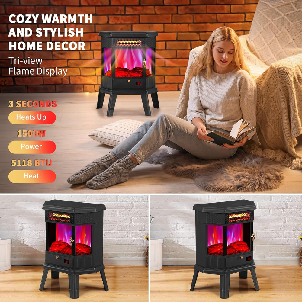 22" Electric Fireplace Heater with 3D Flame, Remote, Timer & Safety Features