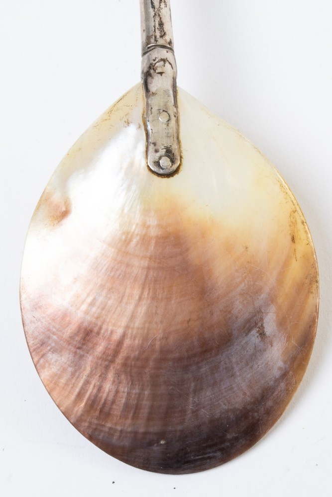 Antique Silver Plated Bamboo Handle Spoon with Shell Scoop 7.5" Long