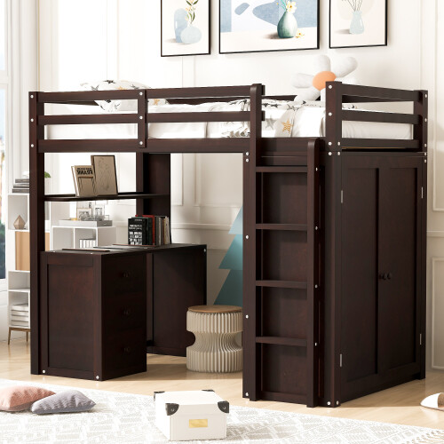 Twin Full Size Loft Bed with Desk Wardrobe Storage Cabinet Solid Wood Bed Frames