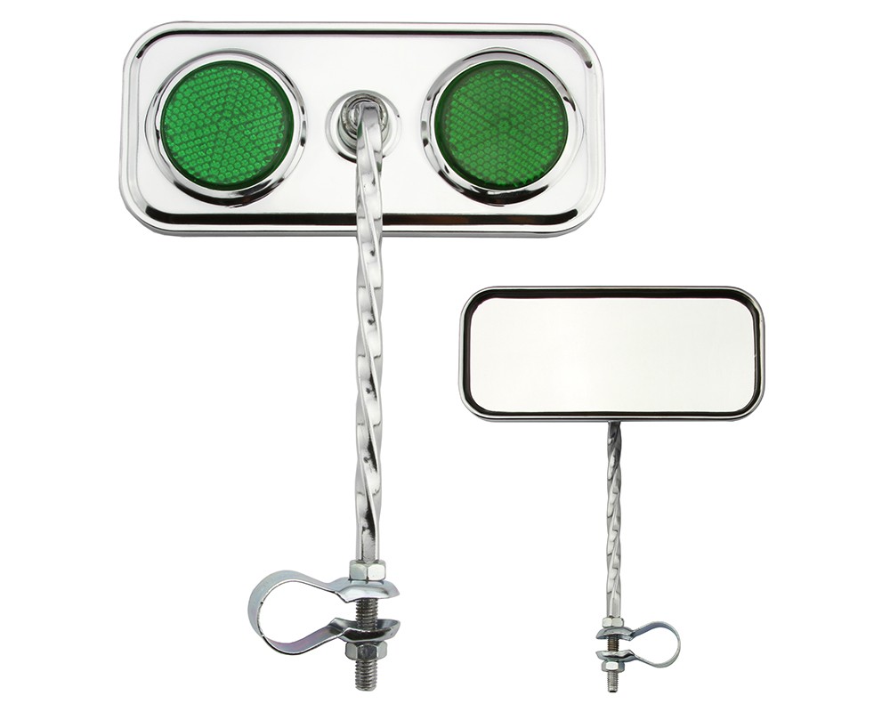 Bike Two Rectangle Square Twisted Mirror Chrome Green Reflectors.