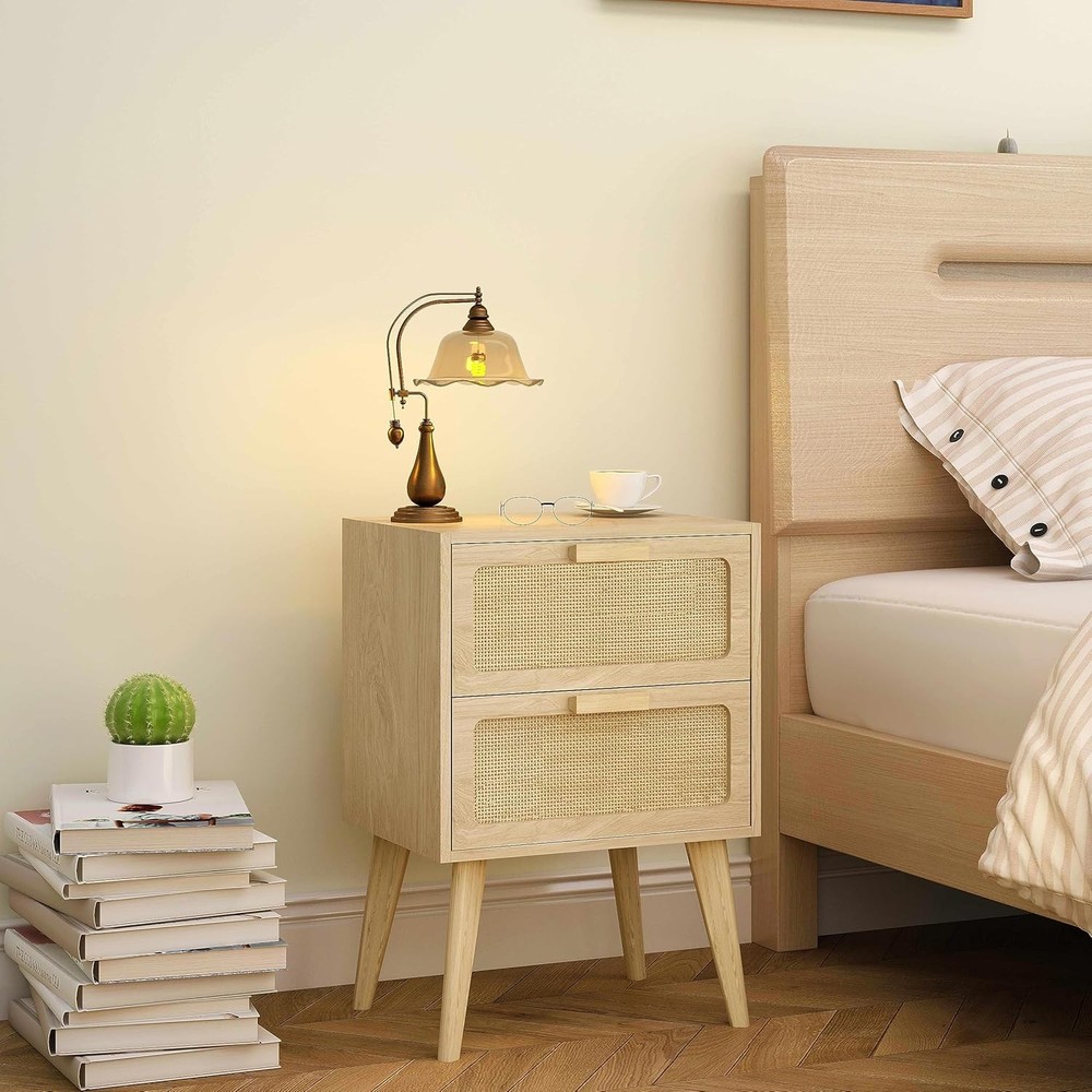 Rattan Nightstand,Boho Bedside with Storage,End Table,Side - Natural
