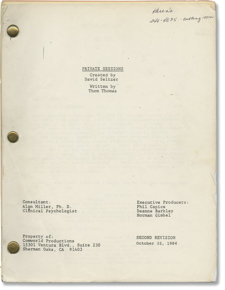 Michael Pressman PRIVATE SESSIONS Original screenplay for the 1985 #149978