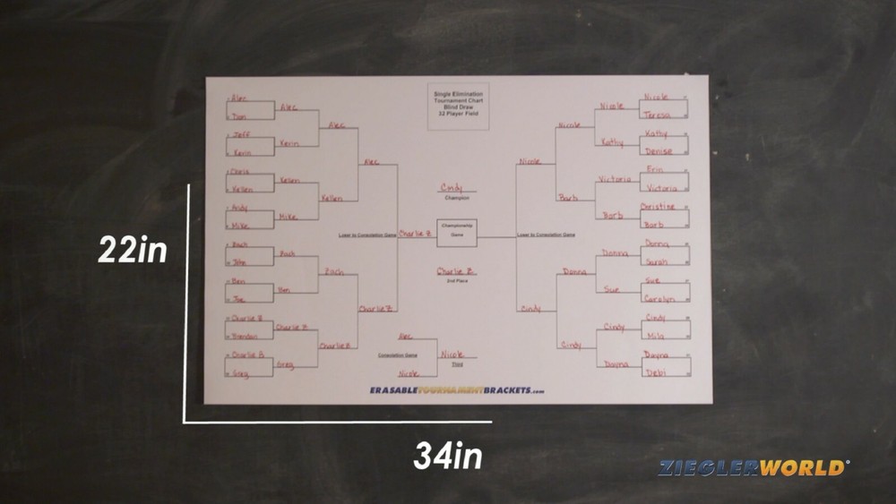 22x34 64 PLAYER DOUBLE ELIMINATION TOURNAMENT BRACKET CHART - SEEDED + PEN