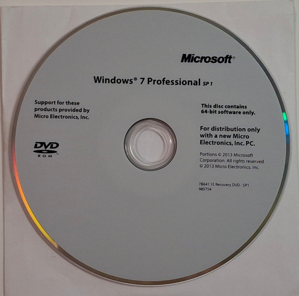 Windows 7 Professional 64 Bit SP 1 No Product Key Restore for Micro Electronics