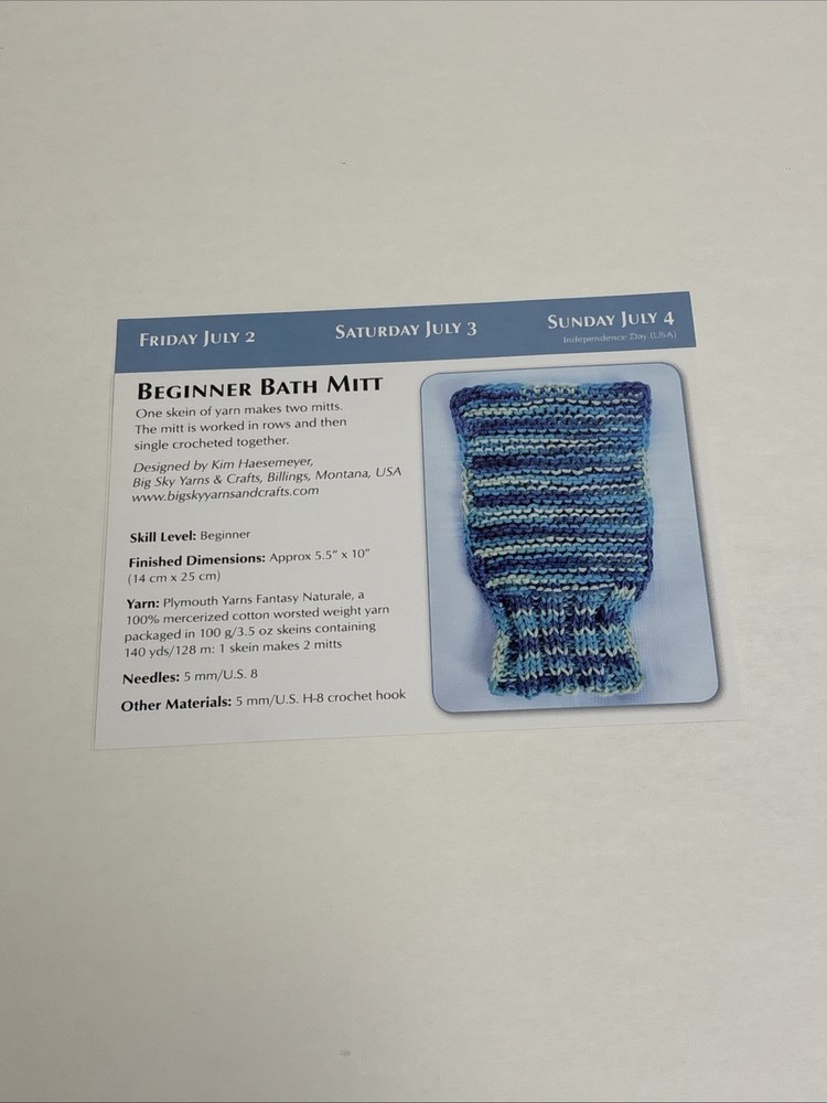 Beginner Bath Mitt Knitting Pattern Card Page