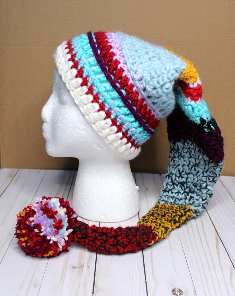 Hand Crocheted Multicolor Woold Blend Elf Hat Linear Design with Pom Pom