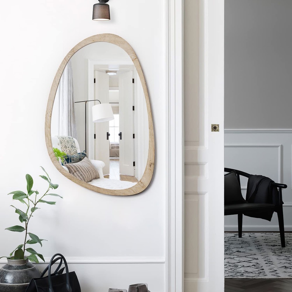 Irregular Mirror for Decor,Wood Frame Asymmetrical Wall-Mounted Mirror, Large...