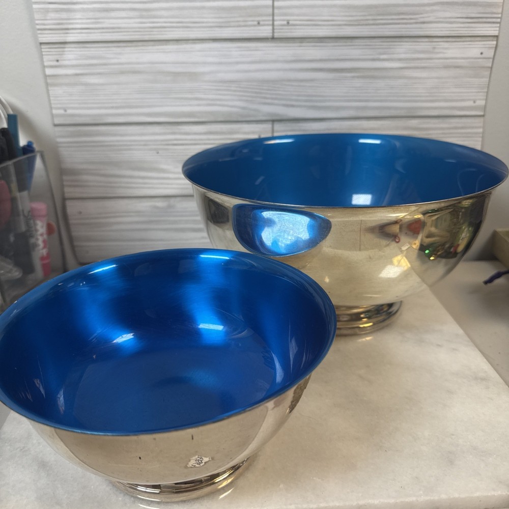 2 Vtg Reed & Barton Silver Plated Bowl  9" And 6.5”with Blue Enamel Interior